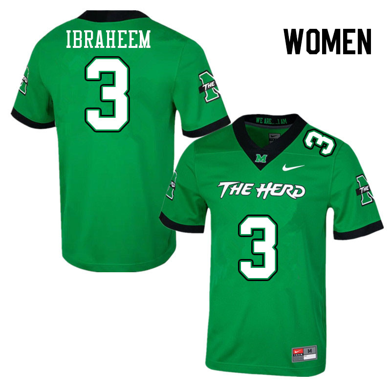Women #3 Ishmael Ibraheem Marshall Thundering Herd College Football Jerseys Stitched-Green